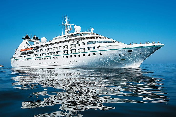 Four images of the Windstar Legend cruise yacht including one on the ocean, one on the deck and swimming pool and two with London's Tower Bridge in the background