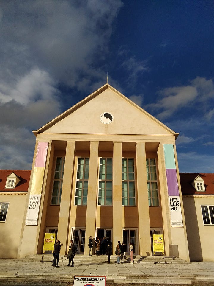 Images of Dresden, including Hellerau festival house and the longest mural in Europe.