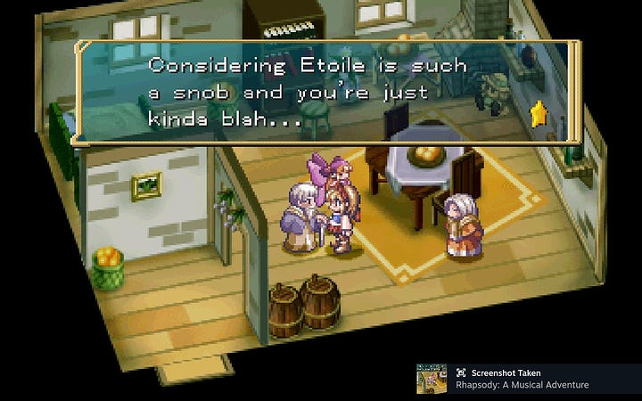 A pair of screenshots from a conversation with an elderly man NPC in Rhapsody. In the first, he says "Who wouldn't known that you two girls would be the ones to marry the Prince..." and in the second, "Considering Etoile is such a snob and you're just kinda blah...."