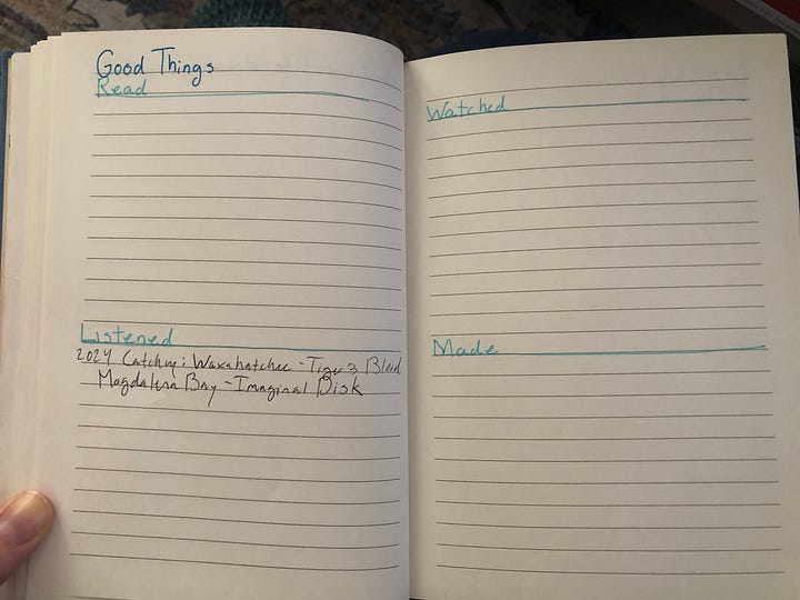 A series of handwritten journal spreads. (1) A blank journal spread with every January Monday date written in half pages (2) Journal spread that says January Questions and January Arrows (3) Journal spread that says "What was life giving?" on the left and "What was life draining?" on the right, (4) Journal spread that says Monthly Examen at the top and headers on each page -- Mind, Body, Spirit, Relationships, Work, Home, Resources, Creativity, and (5) Journal Spread that says "Good Things" at the top and four subheads - Read, Listened, Watched, Made.