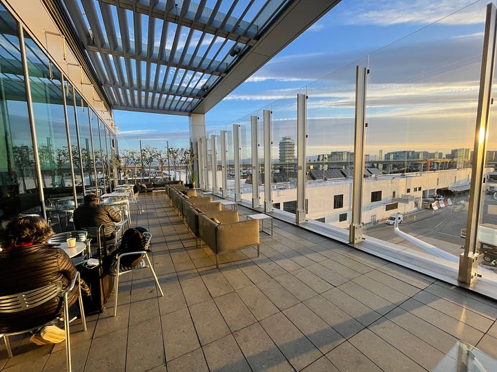 The outdoor terrace at the United Club lounge at LAX.
