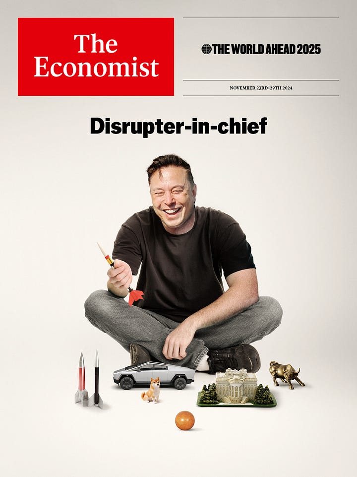 Time Magazine December 2024 issue cover featuring Elon Musk and a checklist of accomplishments and The Economist cover with a smiling laughing Elon Musk with the words "Disrupter in chief"