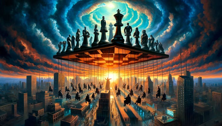 Various mixed medium, multi-style images representing capitalist manipulation, imagery such as gears, chess boards, ominous figures, cityscapes, and marionette puppet strings are featured.