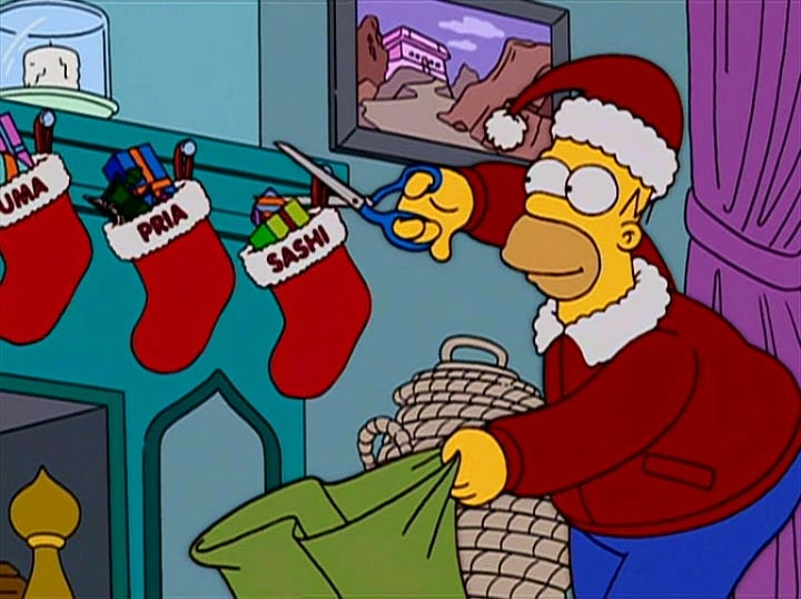 En el especial navideño de la temporada 15 de Los Simpson, Homero se roba los regalos de navidad como el Grinch. Y en la temporada 4, "La última salida a Springfield", episodio clásico que nos regaló el gag "Plan dental, Lisa necesita frenos", el señor Burns intenta boicotear una huelga y descubre que los trabajadores cantan sin lavadoras, cantan sin licuadoras, televisores ni secadoras.  