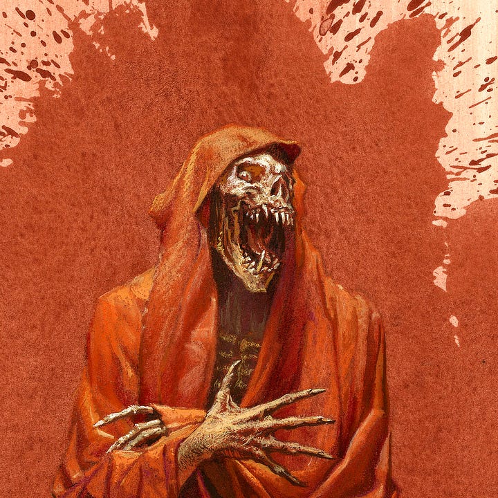 LEFT: Detail from UNMASKED featuring a monstrous skeletal figure cover in red silk robes. Its arms are cross and head turned to the side in a hiss as if it has just been caught by surprise. RIGHT: Close detail from UNMASKED featuring the skeletal face between the crimson hood and almost reptilian hands with fingers splayed.