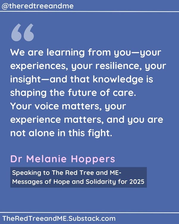 As we step into 2025, I want to take a moment to acknowledge your experience. Living with ME/CFS is an immense challenge, one that often goes unseen and misunderstood. But please know this: You are not forgotten. Research is advancing. Awareness is growing. More clinicians are recognizing the complexity of ME/CFS, and more scientists are dedicating their work to understanding its causes and treatments. We are learning from you—your experiences, your resilience, your insight—and that knowledge is shaping the future of care. Your voice matters, your experience matters, and you are not alone in this fight.   Please hold onto hope. A better future is coming, and we are walking this path with you.   With respect and commitment,