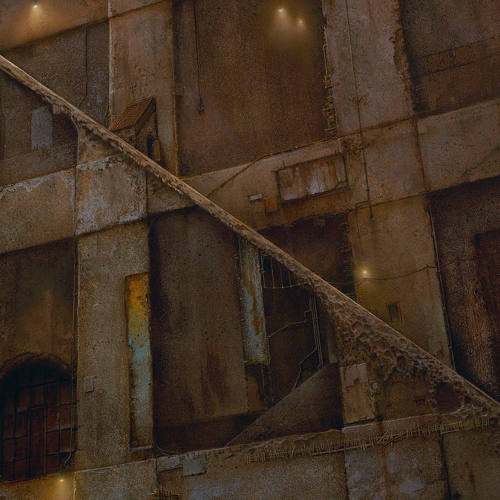 LEFT: Close detail from LE CHEMIN ALLUMÉE featuring a lower section of the same ramp. A small shack with angle roof and open door can be seen partway up. RIGHT: Close detail from LE CHEMIN ALLUMÉE featuring the top of the panel where the wall has eroded showing through to the cool blue night sky that is dotted with points of white.