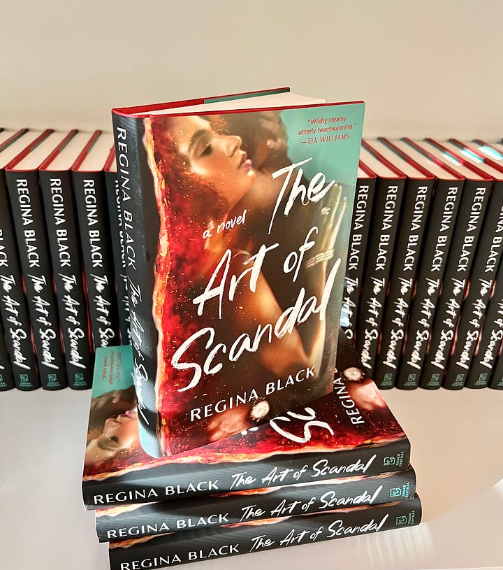 On the left is picture of the author, Regina Black, holding up a copy of her book. On the right is a photo of four copies of The Art of Scandal on shelf in front of a line of more copies. 