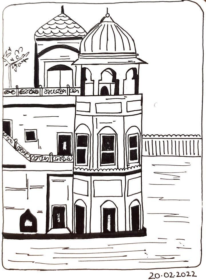 black line-drawings of outdoor places on a sketchbook