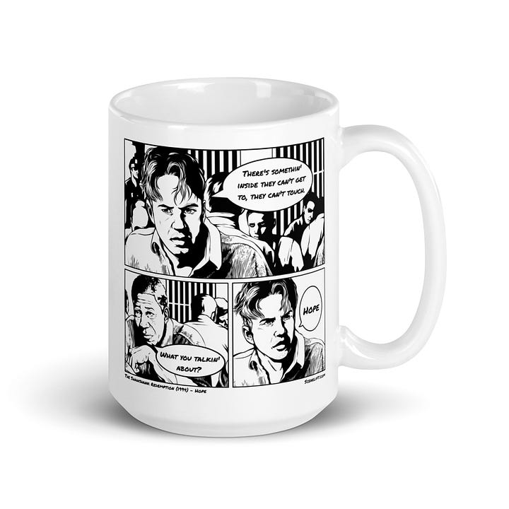 Posters, t-shirts, and mugs with prints of original comics based on the Hope scene in The Shawshank Redemption (1994)