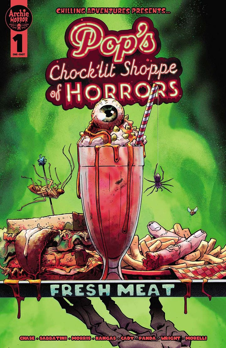 Pop's Chock'lit Shoppe of Horrors: Fresh Meat covers: One is a milkshake topped with an eyeball and diner food infested with insects against a green background- art by Adam Gorham. The other is a dramatically dark scene with red lighting, as Jughead Jones discovers Pop Tate with a sinister smile on his face- art by Aaron Lea.