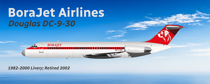 A selection of aircraft formerly operated by BoraJet Airlines: 1) Douglas DC-9, 2) McDonnell Douglas MD-82/83/88, 3) Boeing 717-200, 4) Boeing 737-700.