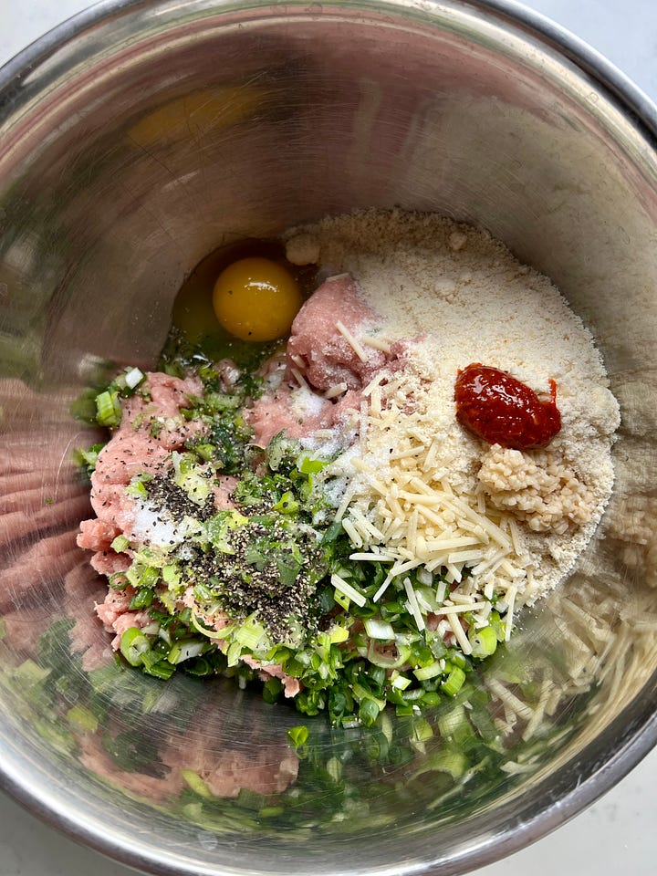 Turkey meatball ingredients in a mixing bowl and cooked meatballs on a plate.