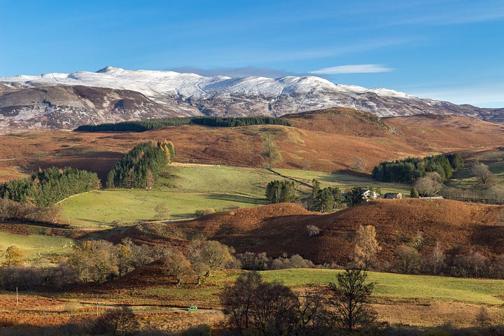 St Fillans on Loch Earn, where Drummond estate owns large sections of shoreline; looking over Glen Lednock, where two privately-owned farmed are surrounded by three large estates; further down Strathearn the land is farmed by some smaller estates; the ‘courtly, 17th century Scottish Renaissance garden’ at Drummond Castle is open to the public in summer © Felicity Martin