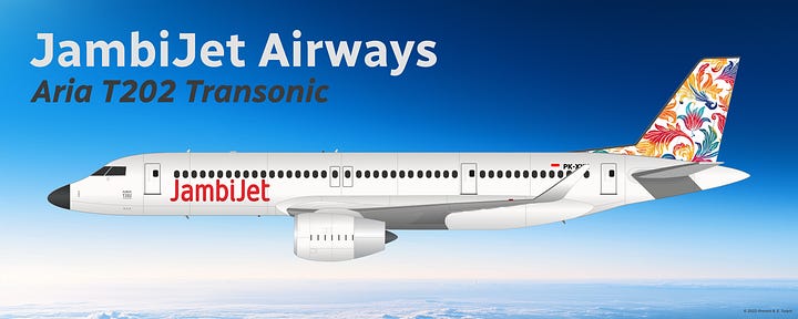 The current JambiJet fleet: 1) Airbus A320neo, 2) Airbus A320-200, 3) Aria T102 Transonic, 4) Aria T152 Transonic, and Aria T202 Transonic - all in example Batik liveries, all shown in side view.