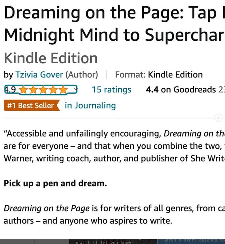 Dreaming on the page book cover with finalist badge and screenshot of #1 Bestseller in Journaling.