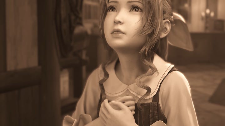 More instances of Aerith praying. Before the Whispers appear at the sector 7 train station plaza in chapter 12, before the boss battle against the Ghoul, during Aerith's resolution scene, and young Aerith when she tells Elmyra about her deceased husband in their flashback.