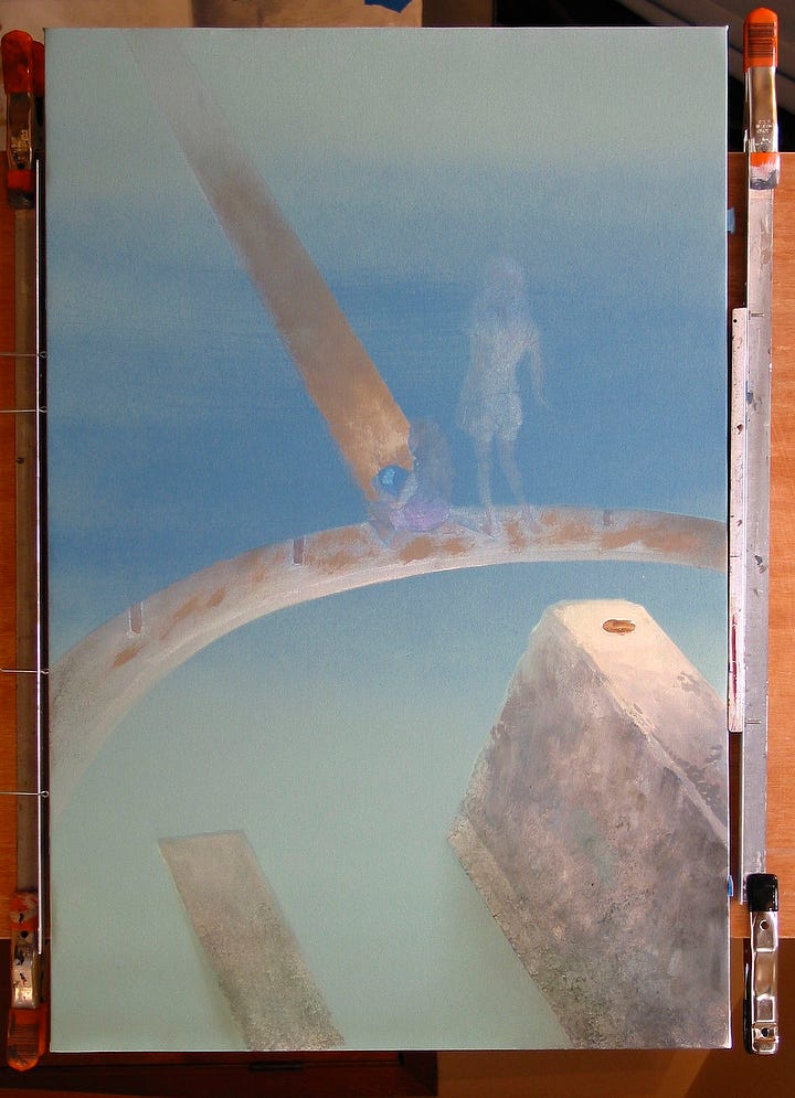 LEFT: Work in progress photo of SEAWALL a little further along. The water is now a simple wash of green. To the concrete structure, two children have been added. The older blonde haired girl is standing. A younger, dark haired girl sits in pink dress with a blue ball in her lap. RIGHT: Work in progress photo of SEAWALL. The underpainting has been washed over with blue so everything is looser and the figures are now hazy. The standing girl is rendered ghostly in white. The pink of the younger girls dress and the blue of the ball still show through.