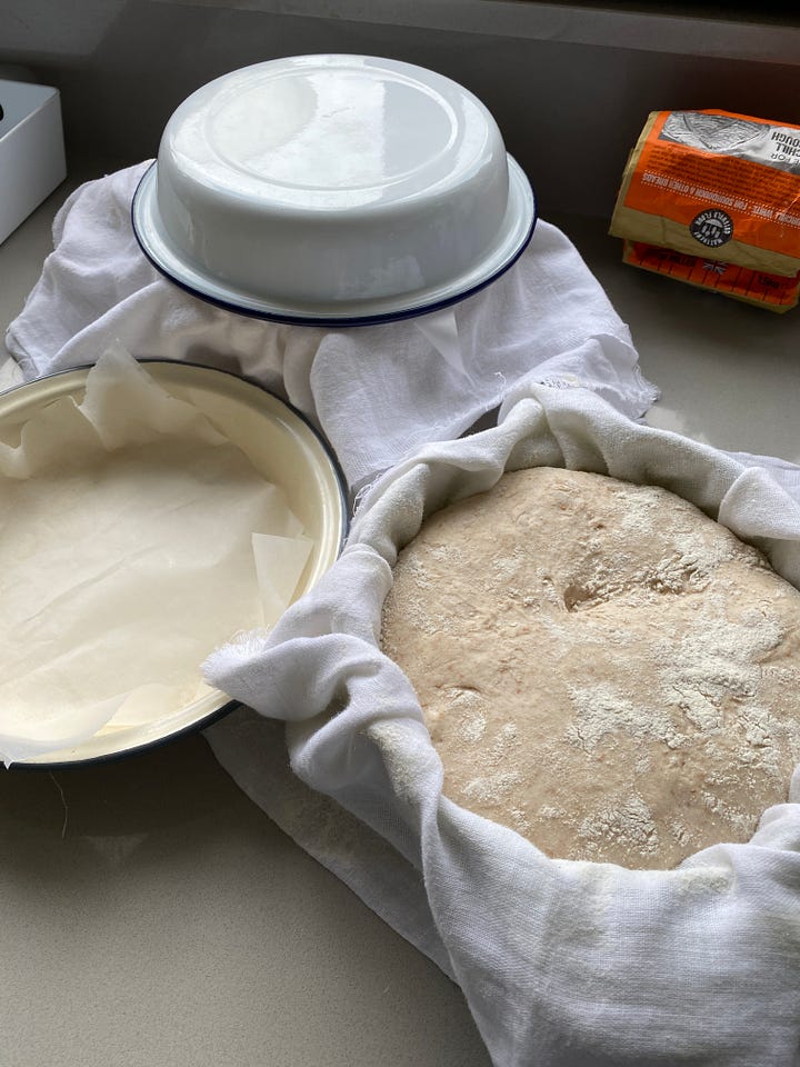 Pie tins lined with baking parchment.