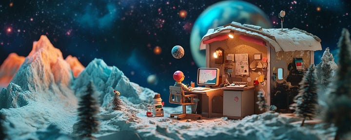 miniature diorama cardboard office workspace with ai collaboration in cosmic and psychedelic landscape