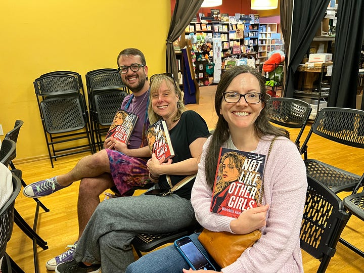 1. Meredith Adamo signing her book, 2. authors staning with Meredith, 3. Meredith on stage with Sarah Dessen, 4. authors waiting in the audience with their copies of the book