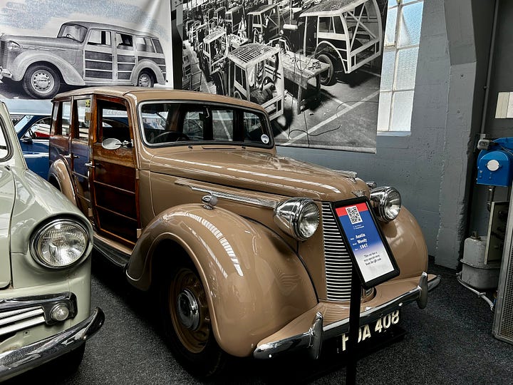 Two photos of a 1947 Austin Woody. The view from the front and rear. The distinctive wood side paneling gave it the name Woody. Image Roland's Travels 2023. 