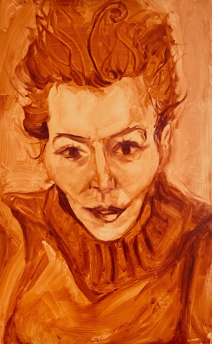 Pencil sketch of a person staring out of the picture confronting and shocked a bit untamed and an underpainting of the same image in transparent red oxide oil paint