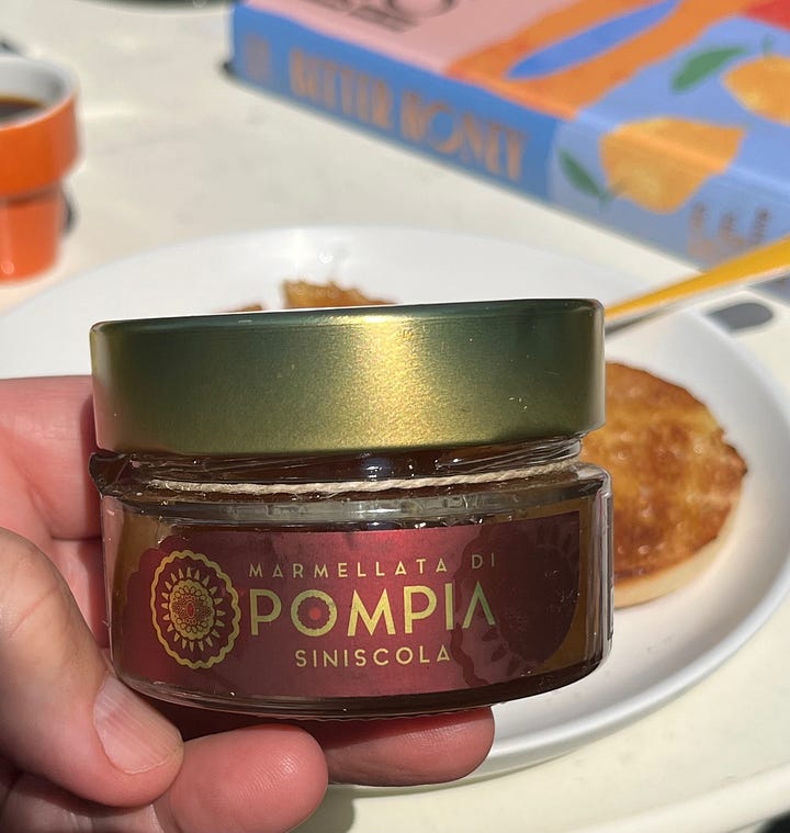 First image has muffins with butter, two small cups with espresso coffee, a book about Sardinian food and a closed jar of pompia marmalade. The second image has a hand holding a small jar of Pompia marmalade