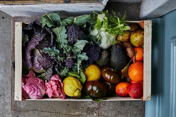 Various UK vegetable box schemes including Abel & Cole, Milk & More, Natoora and Oddbox.