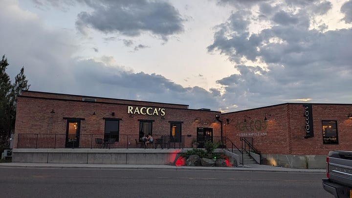 2 photos: 1 of outside the restaurant at dusk, and 1 of the vegan wood-fired marinara pie