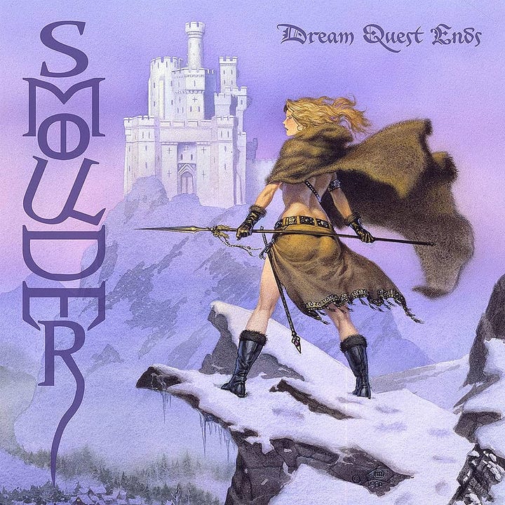 LEFT: Detail of a woman in fur cloak and short skirt standing on a snowy mountain outcrop overlooking a pristine white castle rising from a mountain peak in the distance. RIGHT: Album cover for DREAM QUEST ENDS by Smoulder