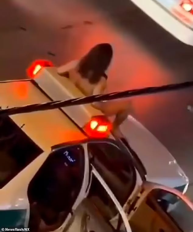 the first image depicts the young woman standing nude and blurred out on the hood of a police car, the second image shows her seated on the windshield