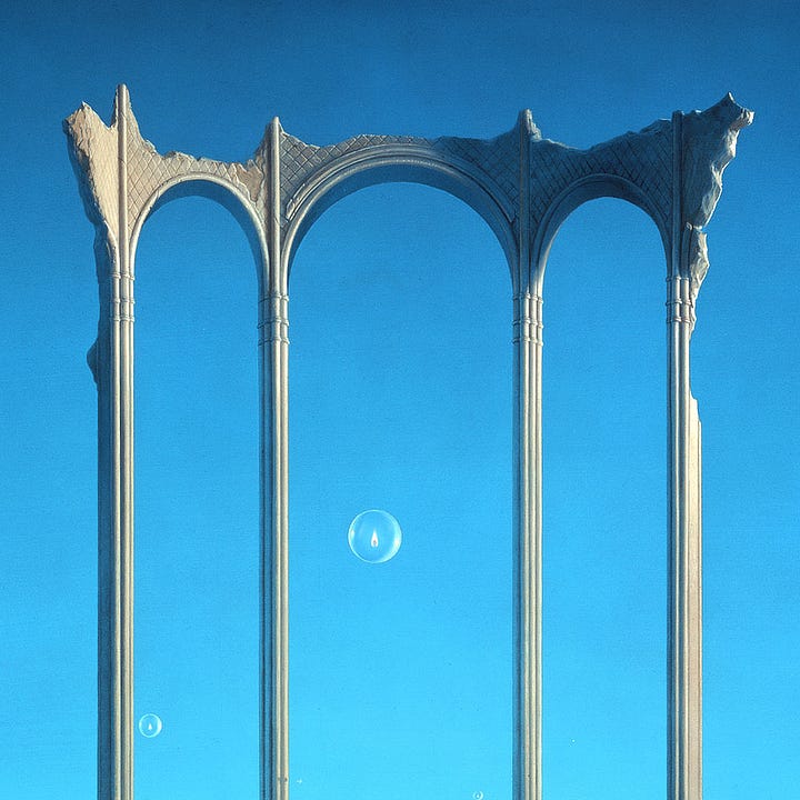 LEFT: Detail from THE AVATAR featuring the top of the arches standing tall against a calm cerulean sky. A transparent sphere containing a solitary flame floats prominently through the center while another has already passed through the left arch. RIGHT: Detail from THE AVATAR featuring the vertical lines of the columns reflecting in standing water. A path of stones winds across the shallow tidal pool.