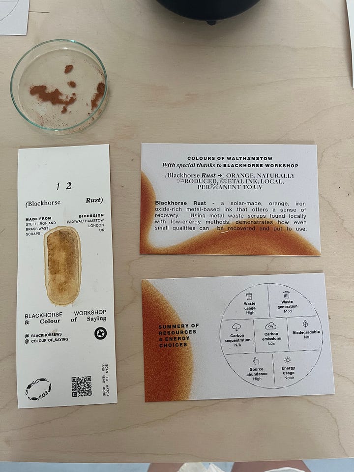 1. Example of the 'summary of resources and energy choices' card sat with sample of the Colours of Walthamstow table for rust; 2. A Guide to Ethical Colour Decision-Making information board.