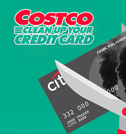 Two campaign pictures: the one on left showing a hand cutting up a credit card with the words "Your Lending is Ending Life." Photo on right is a graphic of a Costco credit card being cut up.