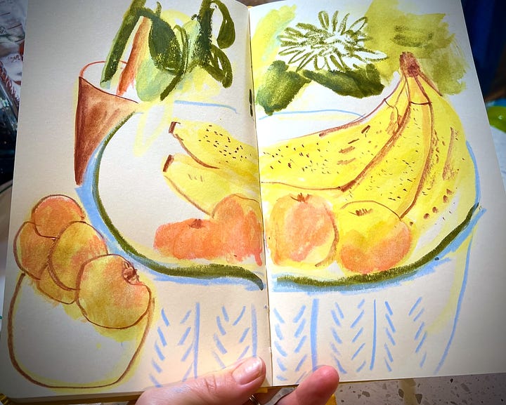 sketchbook paintings of lions, crocodile, and a still life by Beth Spencer