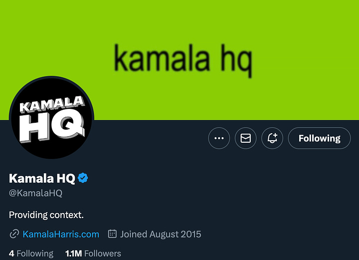 Left: the album cover, an electric green square with "brat" written on it. Right: @KamalaHQ twitter account with kamala hq written in similar black lofi text on a green background as its background image. Bio: "Providing context."