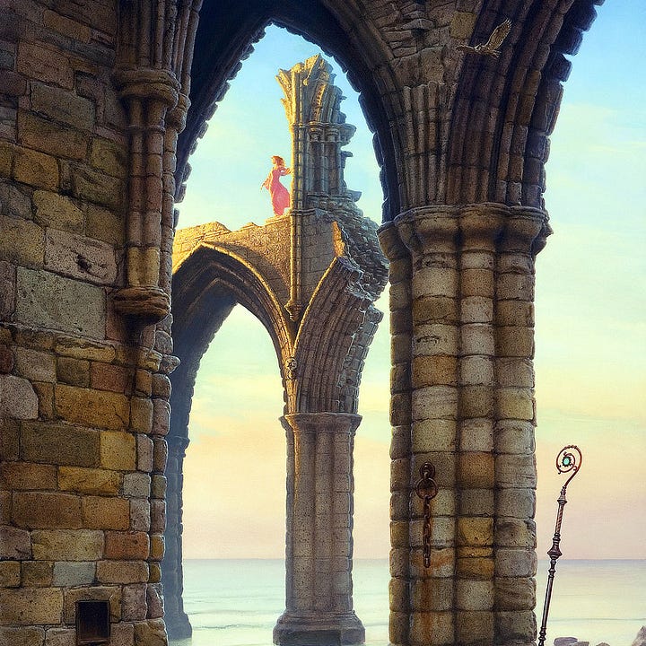 LEFT: Detail from ENLIGHTENMENT seen through the pointed arches of a ruined abbey. A red haired woman in a pink dress standing high on the crumbling wall. The sun is rising off panel left blocked by the ruins in the foreground, but bathes her in dawn’s light. The distant sky is rendered in a delicate blue so light it blends with the clouds. RIGHT: Foreground detail from ENLIGHTENMENT featuring an ornate metal staff stuck in the sand. Behind it, frothy tide engulfs the base of a wide stone pillar as it rolls up the shore. The left of the panel is obscured by an ancient stone wall. There is a glimpse of a walkway below with a few steps leading down to the shore. The immediacy of placement gives the viewer a sense of stepping around the corner from the ruins to glimpse an unexpected view of the water.