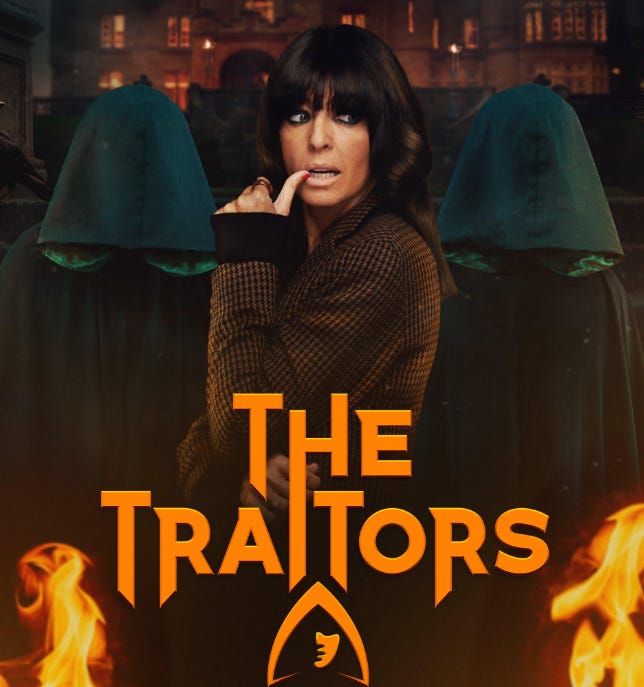 promotional posters for 2 franchises of the Traitors TV shows.