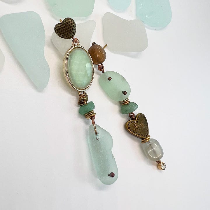 Green Mirror-Totem-Style Asymmetric Earrings with Vintage Elements-by Anita Chaperon