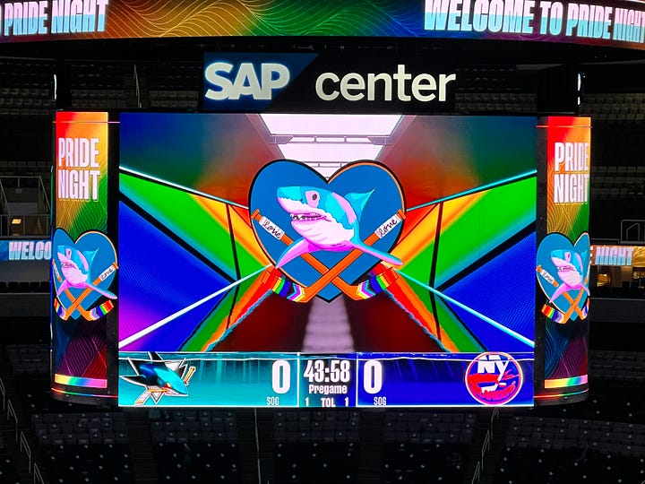 Images of a hockey rink, a hockey pride logo, three hockey players wearing the pride logo jersey