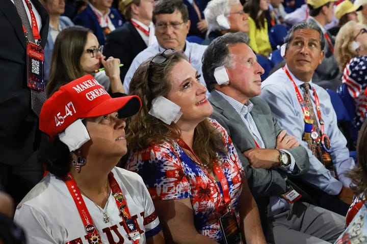 Distorted image in a mirror and a row of people wearing ear bandages at the Republican Convention.