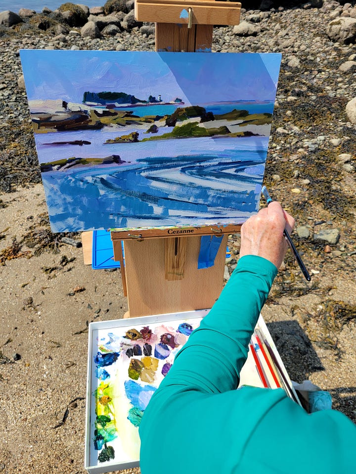 An oil painting of the rocks at Sand Beach and the artist messing up her painting.
