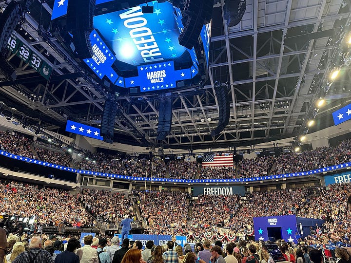 Kamala Harris and Tim Walz dramatically upstaged Trump and his fixation on crowd sizes by holding a massive rally at Milwaukee's Fiserv Forum on the second night of the Democratic Convention, the same evening the Obamas were addressing the Democratic Convention in Chicago.