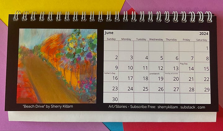 Four sample calendar pages by Sherry Killam Arts, showing a country road, a decorative pitcher, a floral, and a single leaf.