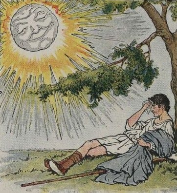 Two illustrations. In the first image, a traveler rests under a tree, shielding his eyes from a bright, smiling Sun. In the second image, the same traveler struggles against a strong wind, clutching his cloak tightly. The images are clear and detailed.