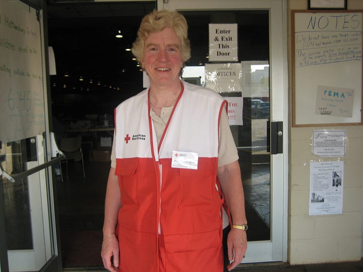 Four photos of me working as a mental health volunteer at the Hattiesburg Red Cross shelter