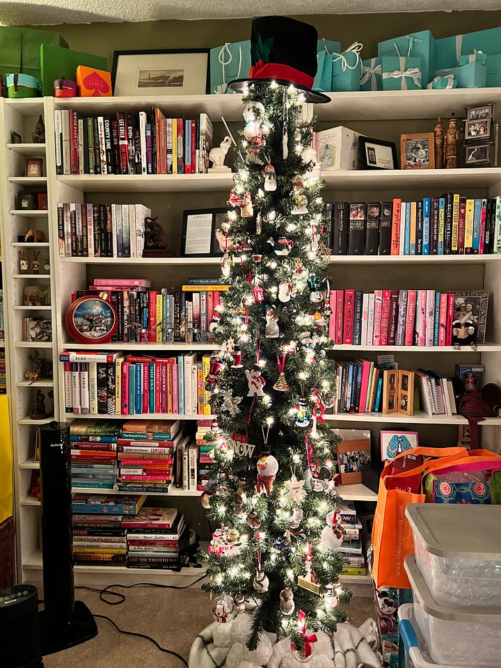 images of Christmas trees in front of book shelves