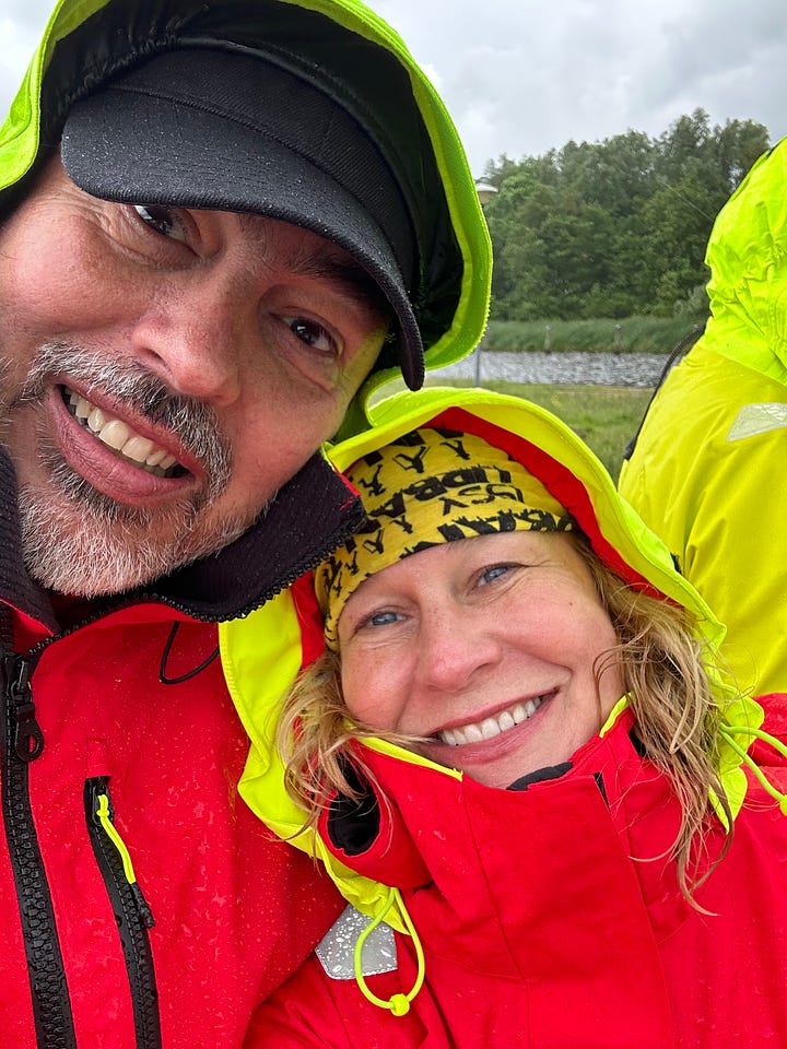 Karen and Monsieur B in sailing gear in the Netherlands