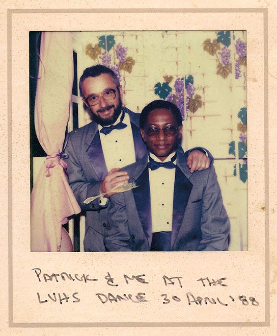 A photo of Patrick Haggerty and JB Broughton at a dance, wearing formal attire, in 1988. A photo of JB and Patrick in 2022. JB sits wearing a colorful scarf. Patrick holds JB’s shoulders.